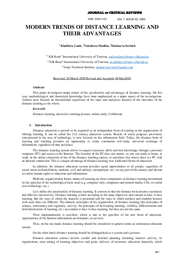 (PDF) Modern Trends of Distance Learning Andtheir Advantages