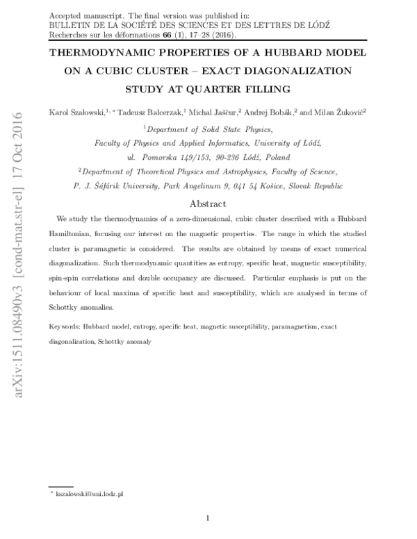 (PDF) Thermodynamic properties of a Hubbard model on a cubic cluster ...
