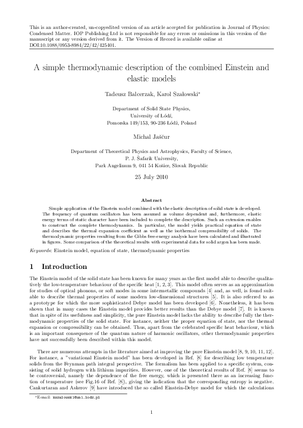 (PDF) A simple thermodynamic description of the combined Einstein and ...