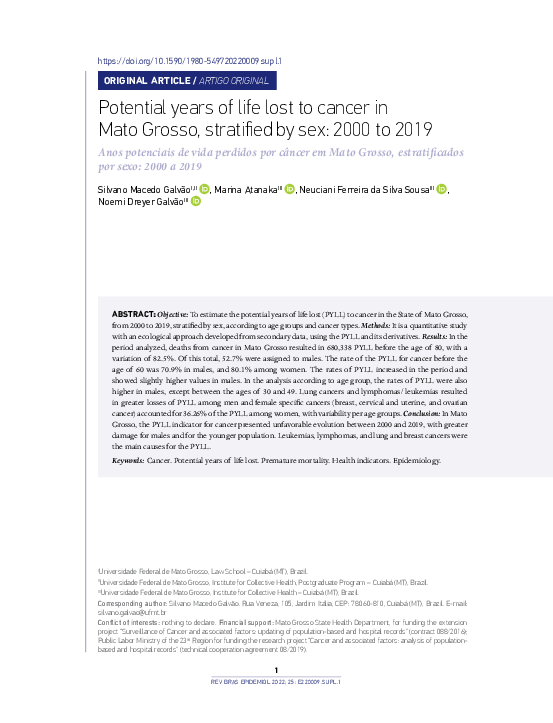 (PDF) Potential years of life lost to cancer in Mato Grosso, stratified ...