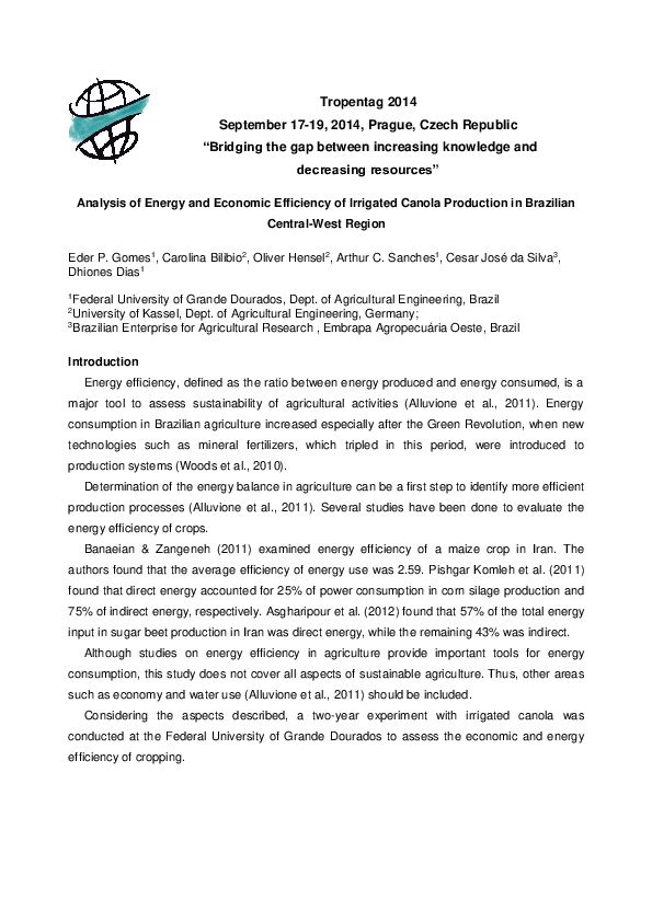 (PDF) Analysis of Energy and Economic Efficiency of Irrigated Canola ...
