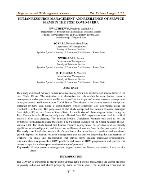 (PDF) HUMAN RESOURCE MANAGEMENT AND RESILIENCE OF SERVICE FIRMS IN THE ...