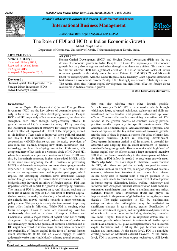 (PDF) The Role of FDI and HCD in Indian Economic Growth