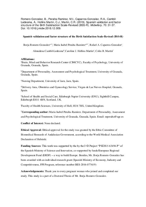 (PDF) Spanish validation and factor structure of the Birth Satisfaction ...