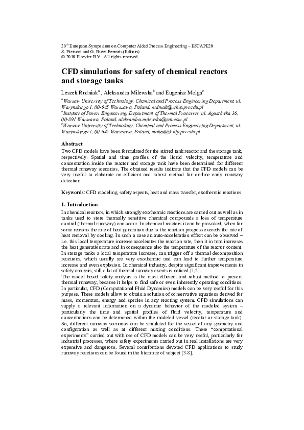 (PDF) CFD Simulations for Safety of Chemical Reactors and Storage Tanks