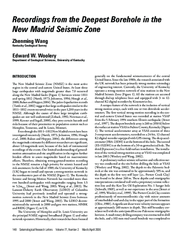 (PDF) Recordings from the Deepest Borehole in the New Madrid Seismic Zone