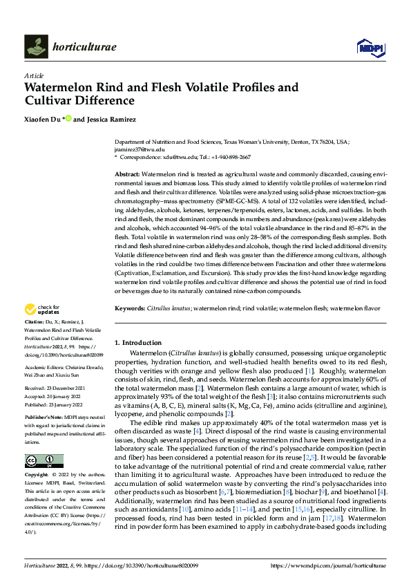 (PDF) Watermelon Rind and Flesh Volatile Profiles and Cultivar Difference