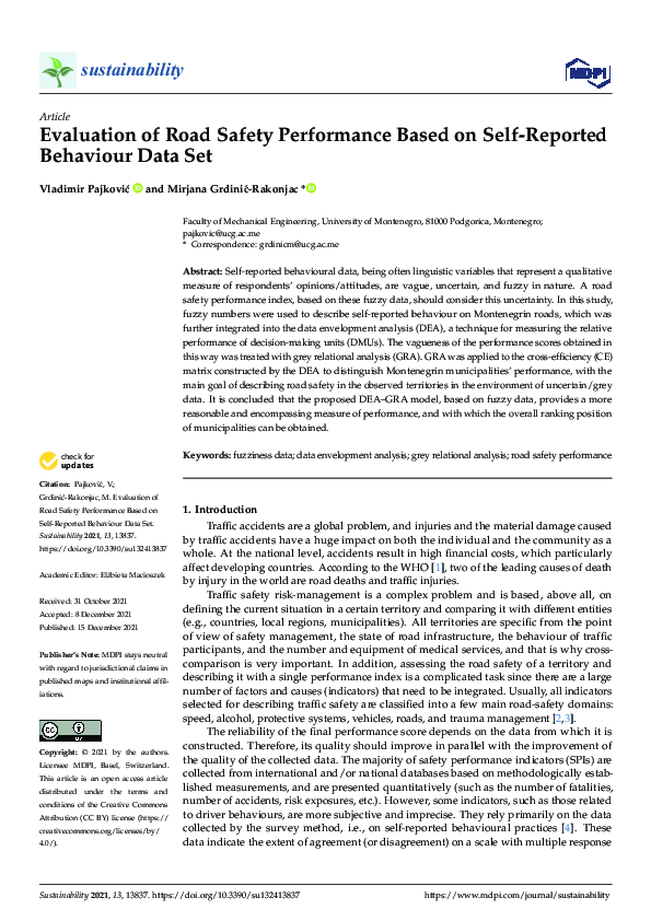 (PDF) Evaluation of Road Safety Performance Based on Self-Reported ...