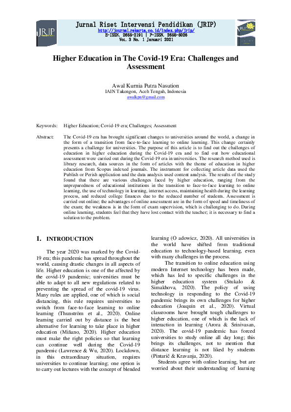(PDF) Higher Education in The Covid-19 Era: Challenges and Assessment