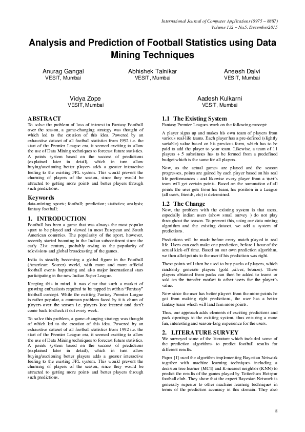 (PDF) Analysis and Prediction of Football Statistics using Data Mining ...
