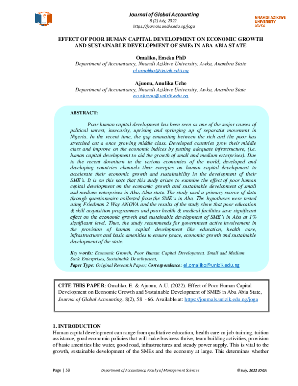 (PDF) EFFECT OF POOR HUMAN CAPITAL DEVELOPMENT ON ECONOMIC GROWTH AND ...
