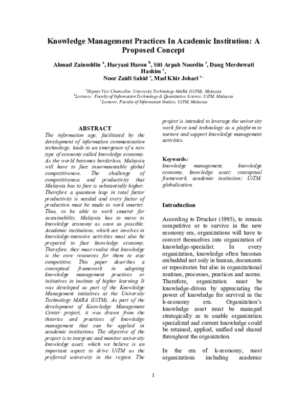 (PDF) Knowledge management practices in academic institution: A ...