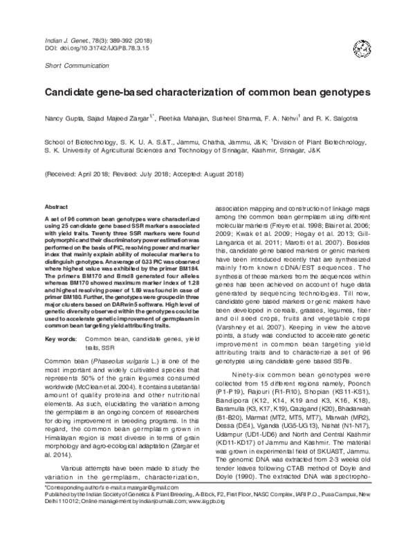Candidate gene based characterization of common bean genotypes