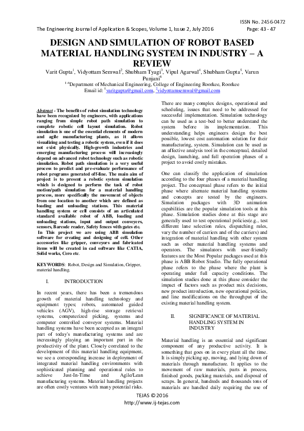 (PDF) Design and Simulation of Robot Based Material Handling System in ...
