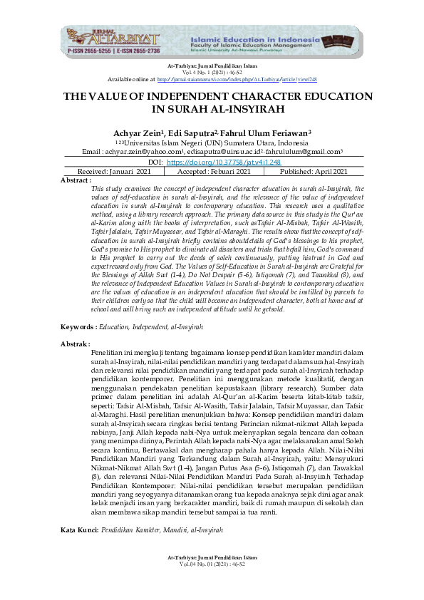 (PDF) The Value of Independent Character Education In Surah Al-Insyirah