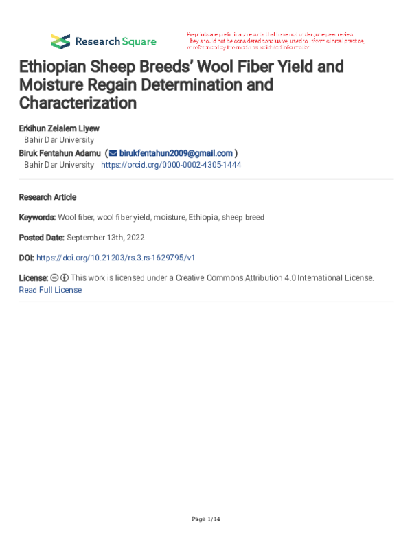(PDF) Ethiopian Sheep Breeds’ Wool Fiber Yield and Moisture Regain ...