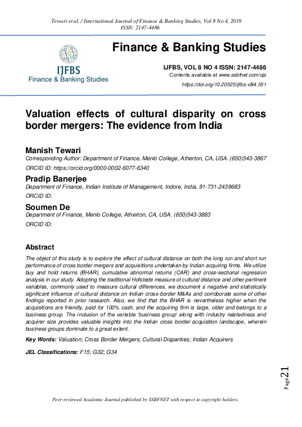 (PDF) Valuation effects of cultural disparity on cross border mergers ...