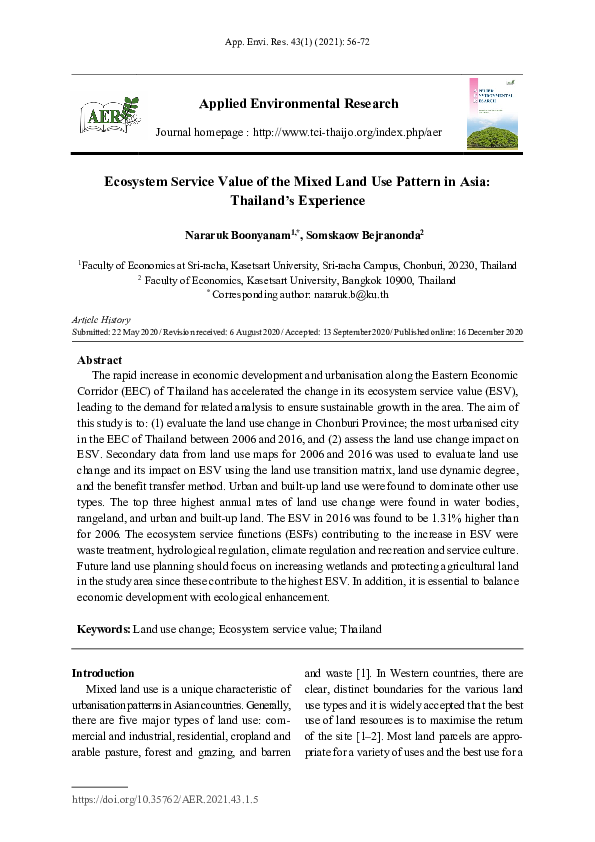 (PDF) Ecosystem Service Value of the Mixed Land Use Pattern in Asia ...