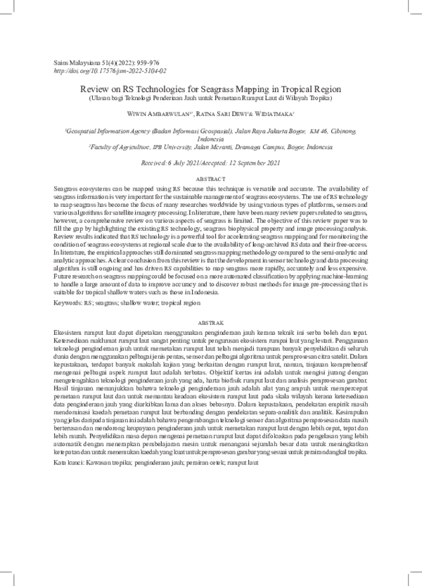 (PDF) Review on Remote Sensing Technologies for Seagrass Mapping in ...