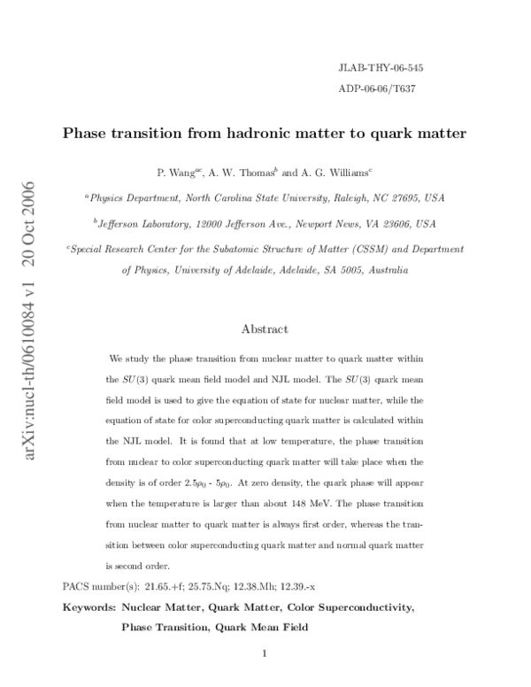 (PDF) Phase transition from hadronic matter to quark matter