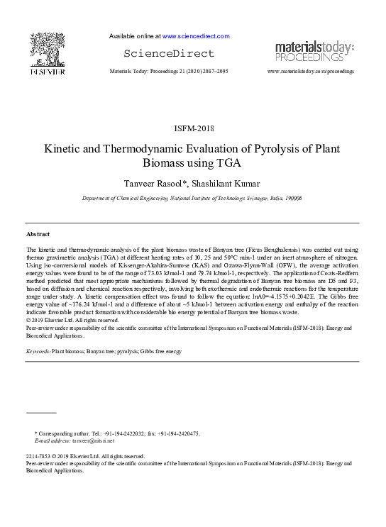 (PDF) Kinetic and Thermodynamic Evaluation of Pyrolysis of Plant ...