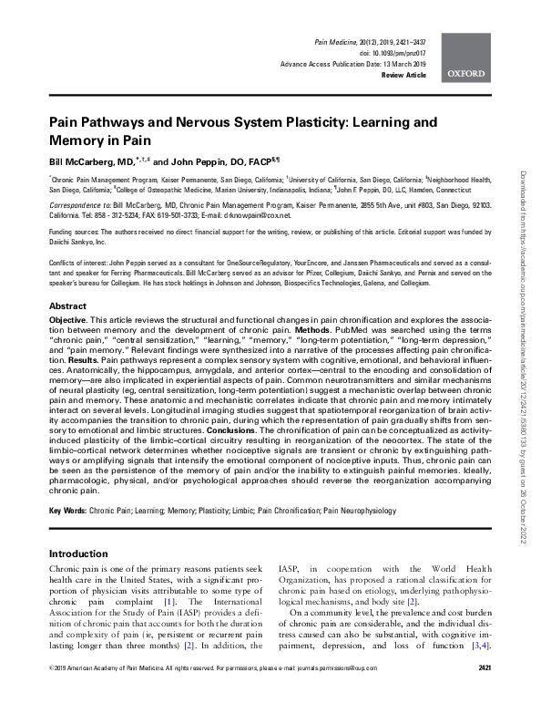 (PDF) Pain Pathways and Nervous System Plasticity: Learning and Memory ...
