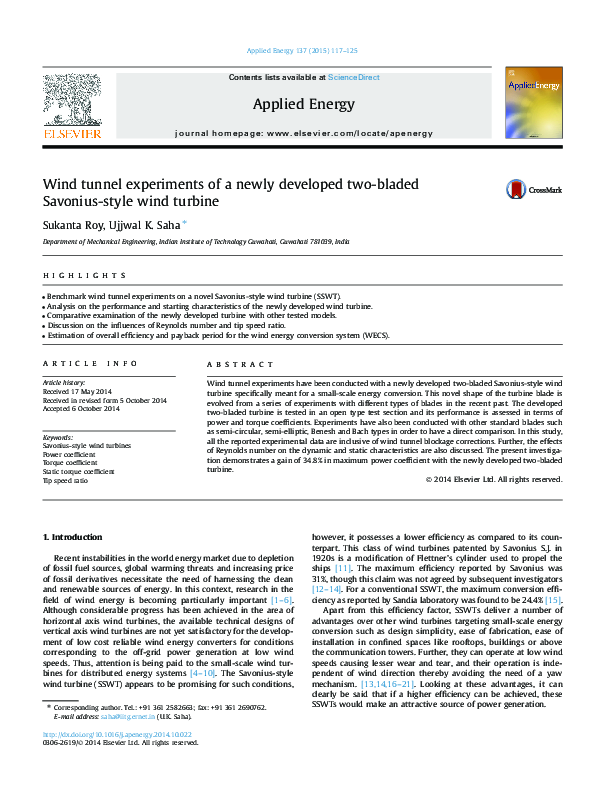 (PDF) Wind tunnel experiments of a newly developed two-bladed Savonius ...