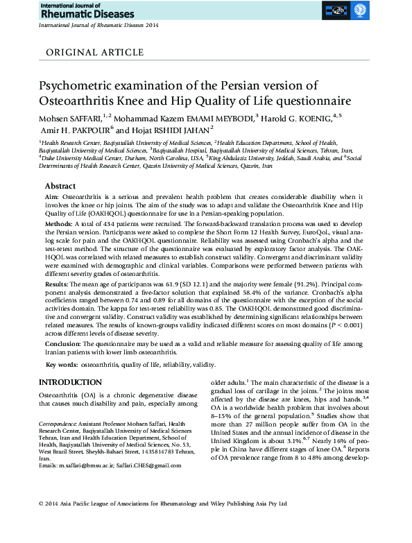 (PDF) Psychometric examination of the Persian version of Osteoarthritis