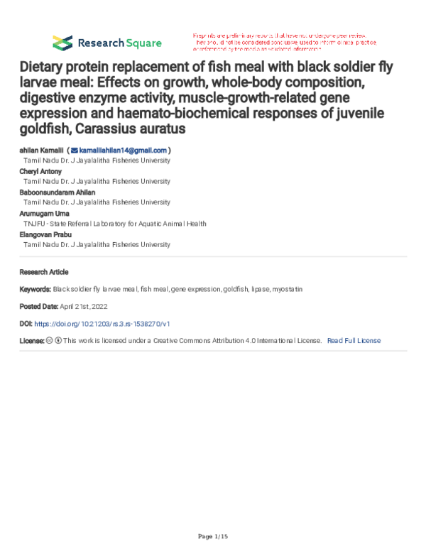 Image showcasing (PDF) Dietary protein replacement of fish meal with black soldier fly ...