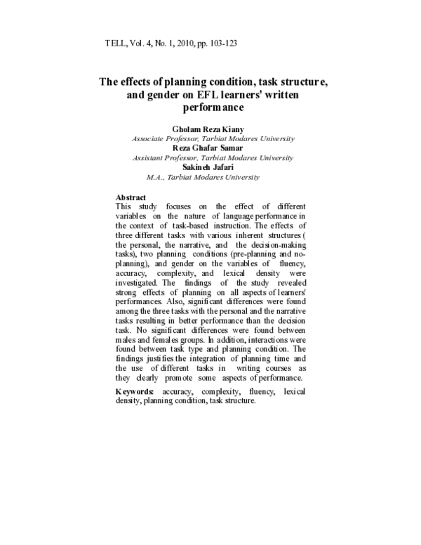 (PDF) The effects of planning condition, task structure, and gender on ...