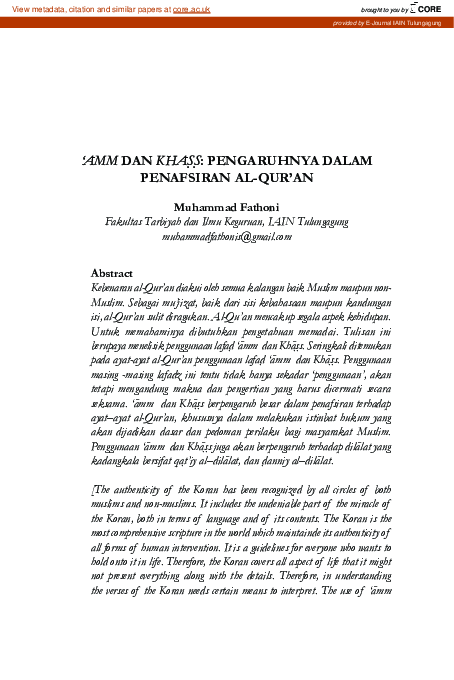 (PDF) ‘Amm Dan Khass: Pengaruhnya Dalam Penafsiran Al-Qur’An