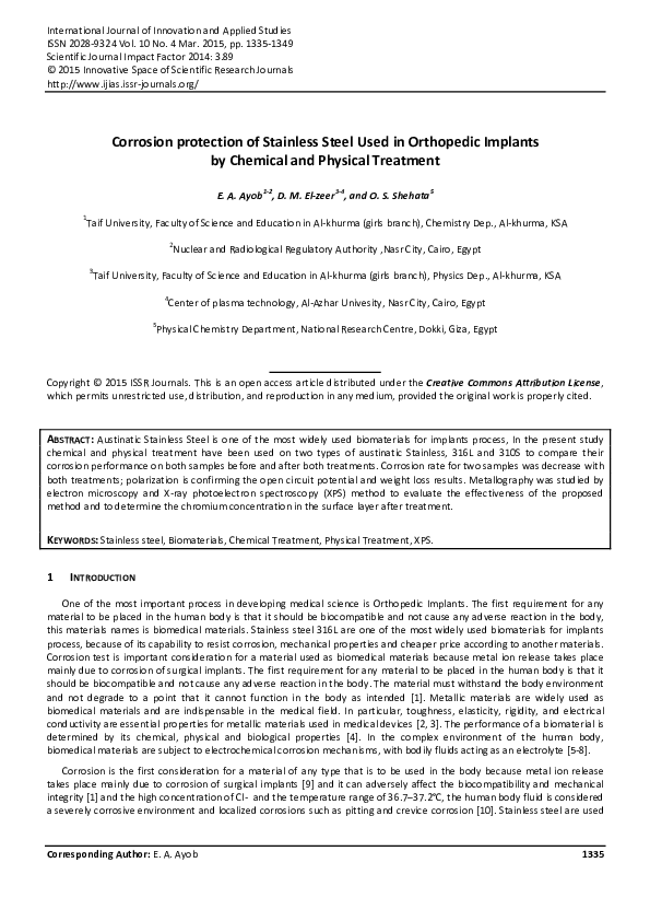 (PDF) Corrosion protection of Stainless Steel Used in Orthopedic ...