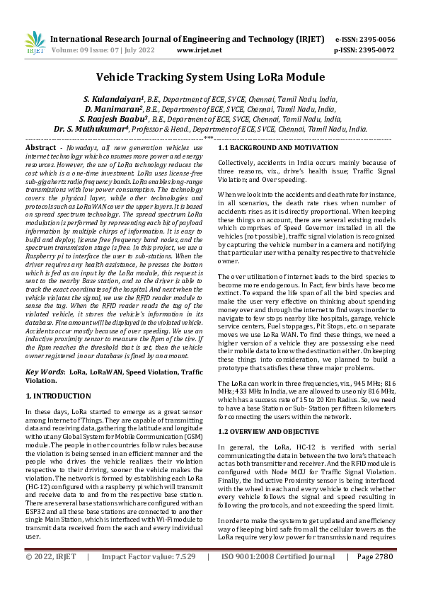 (PDF) Vehicle Tracking System Using LoRa Module IRJET Journal