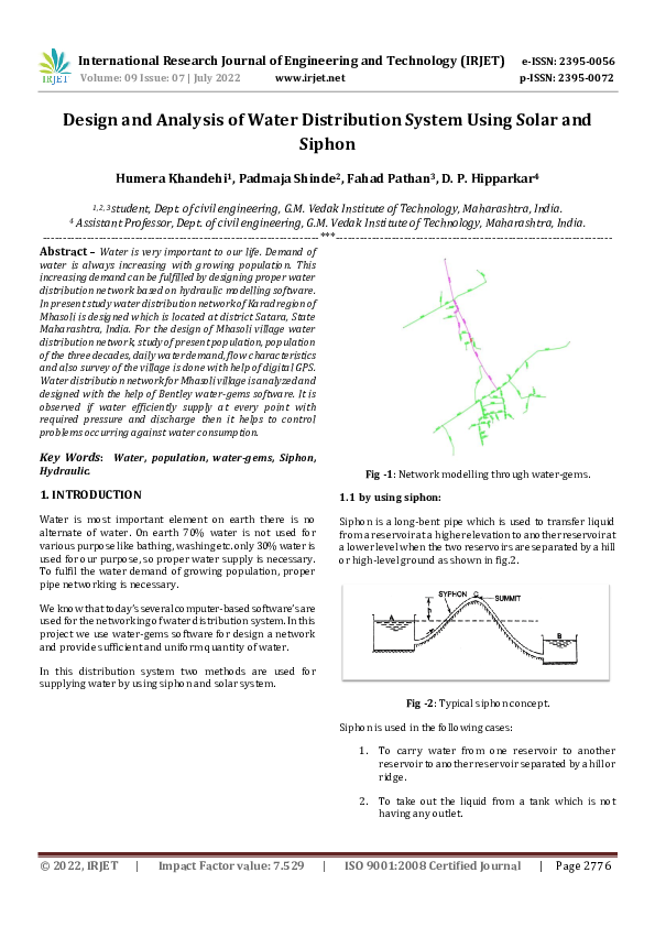 (PDF) Design and Analysis of Water Distribution System Using Solar and ...