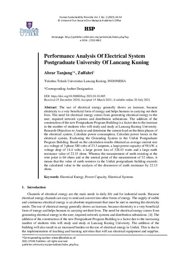 (PDF) Performance Analysis of Electrical System Postgraduate University ...