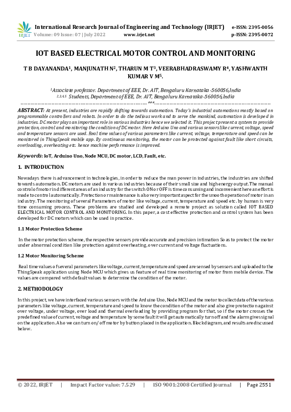 (PDF) IOT BASED ELECTRICAL MOTOR CONTROL AND MONITORING IRJET Journal