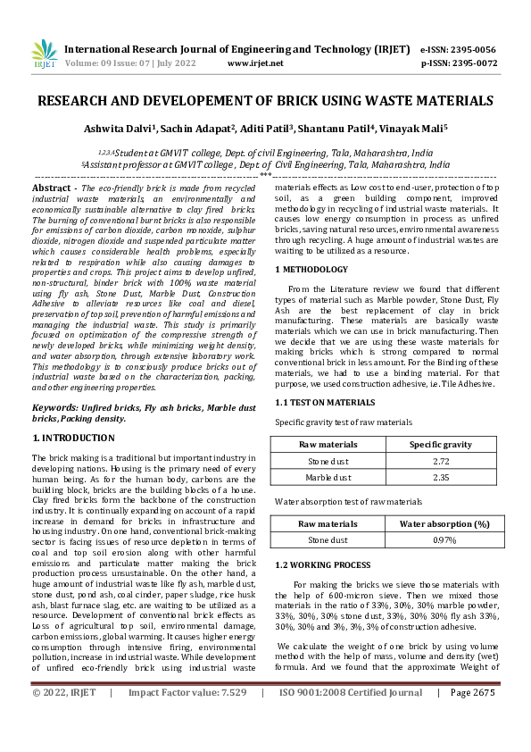 (PDF) RESEARCH AND DEVELOPEMENT OF BRICK USING WASTE MATERIALS IRJET