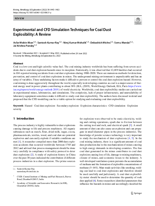 (PDF) Experimental and CFD Simulation Techniques for Coal Dust ...