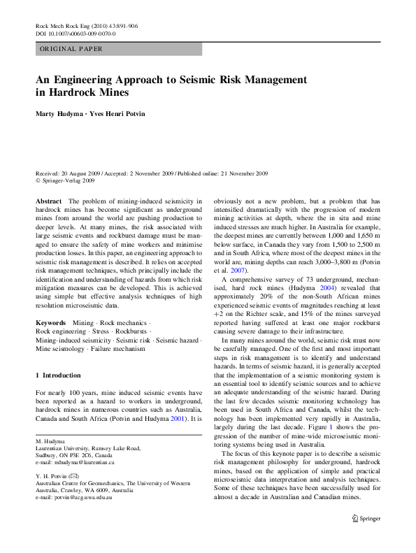 (PDF) An Engineering Approach to Seismic Risk Management in Hardrock Mines