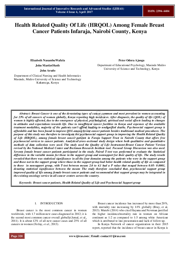 (PDF) Health Related Quality Of Life ( HRQOL ) Among Female Breast ...