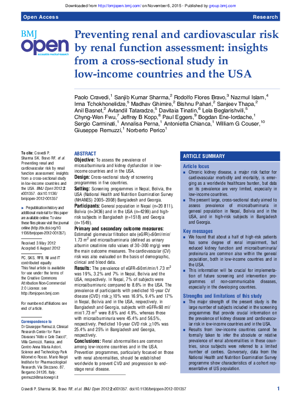 (PDF) Kidney Dysfunction and Cardiovascular Risk Assessment in Low ...