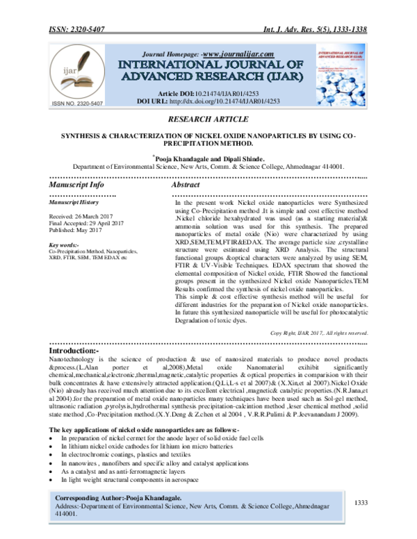 (PDF) Synthesis & Characterization of Nickel Oxide Nanoparticles by ...