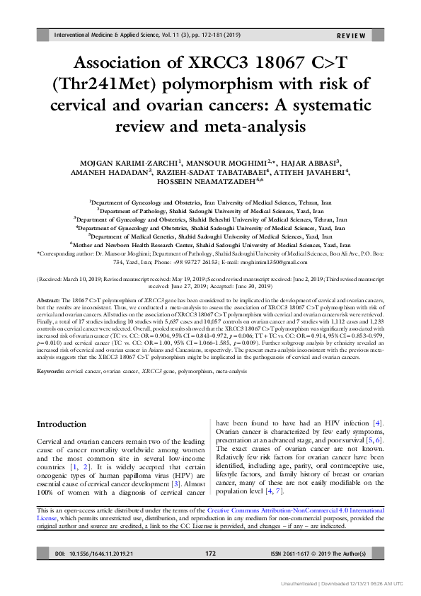 (PDF) Association of XRCC3 18067 C>T (Thr241Met) polymorphism with risk ...