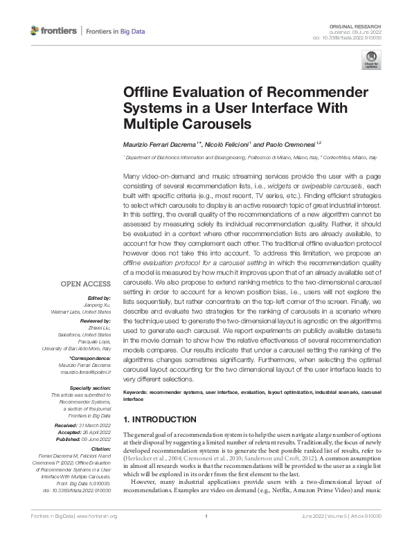 (PDF) Offline Evaluation of Recommender Systems in a User Interface ...