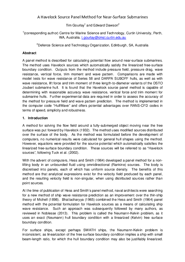 (PDF) A havelock source panel method for near-surface submarines