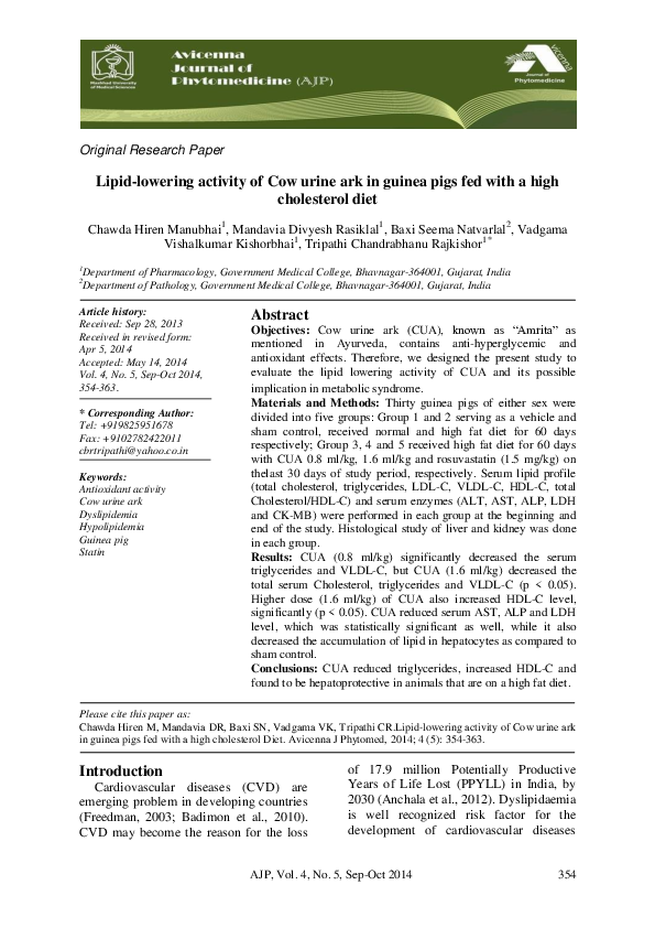 (PDF) Lipid-lowering activity of Cow urine ark in guinea pigs fed with ...