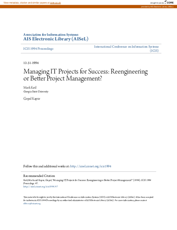 (PDF) Managing IT Projects for Success: Reengineering or Better Project ...