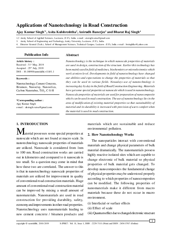 (PDF) Applications of Nanotechnology in Road Construction