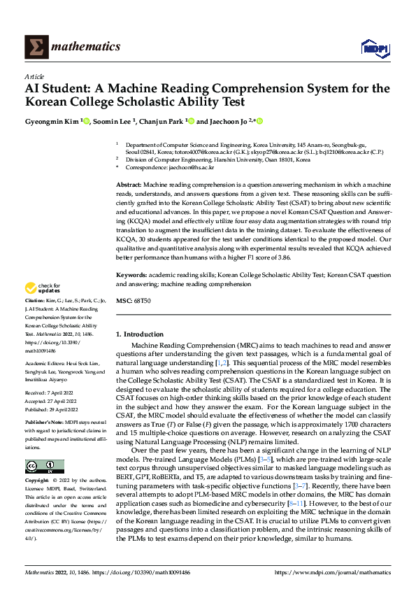 (PDF) AI Student: A Machine Reading Comprehension System for the Korean ...