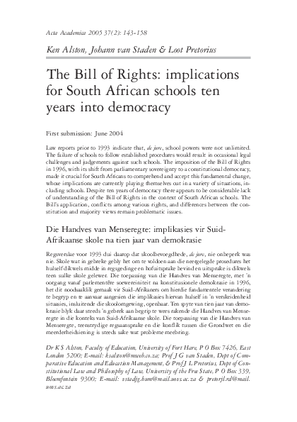 (PDF) The Bill of Rights : implications for South African schools ten ...